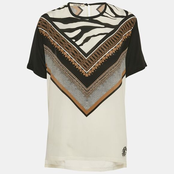 Roberto Cavalli Tops - Roberto Cavalli White Printed Silk Short Sleeve Top M